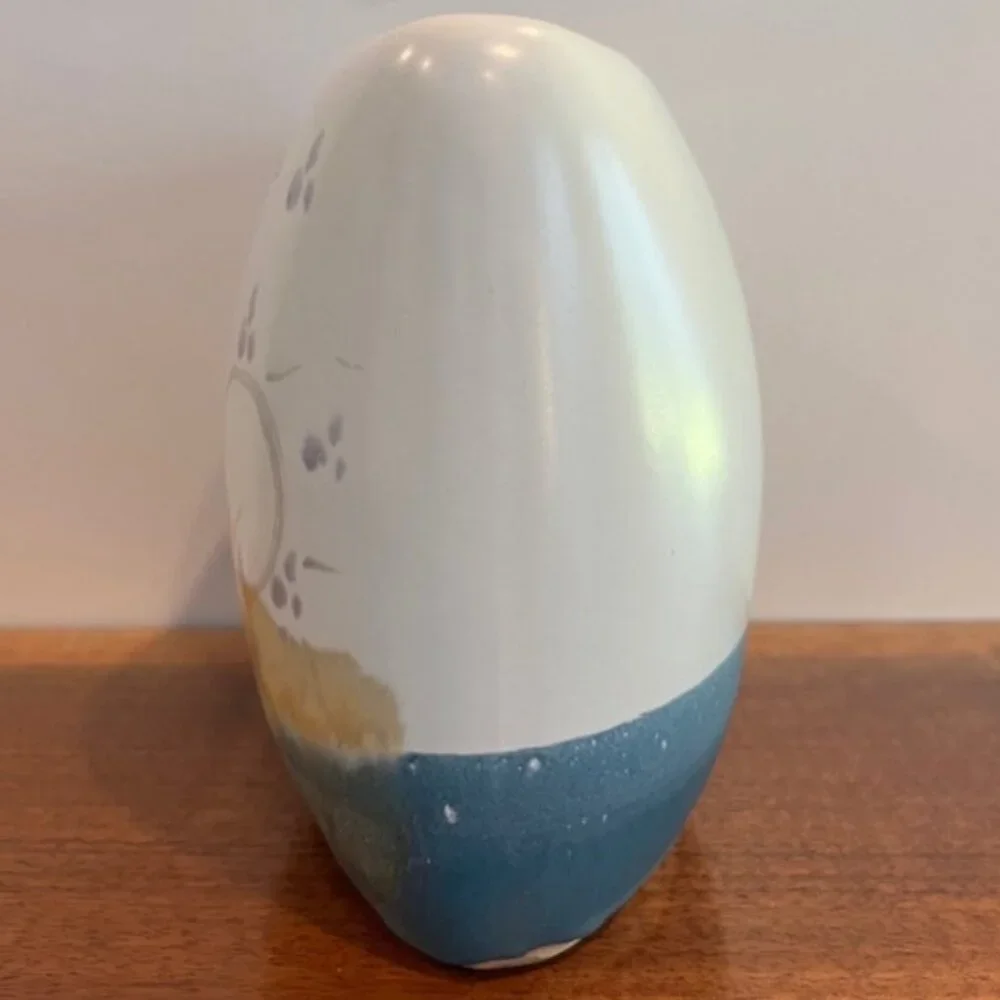 Oval Flat Floral Pottery Vase Handmade Signed